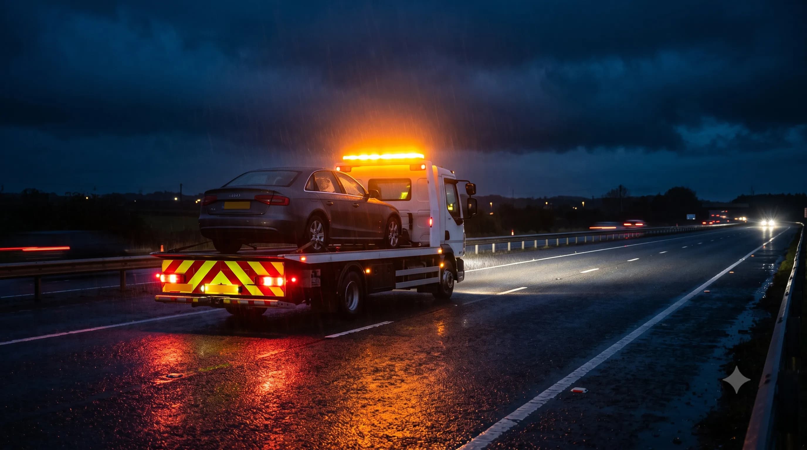 Recovery truck driving at night in rain on motorway
